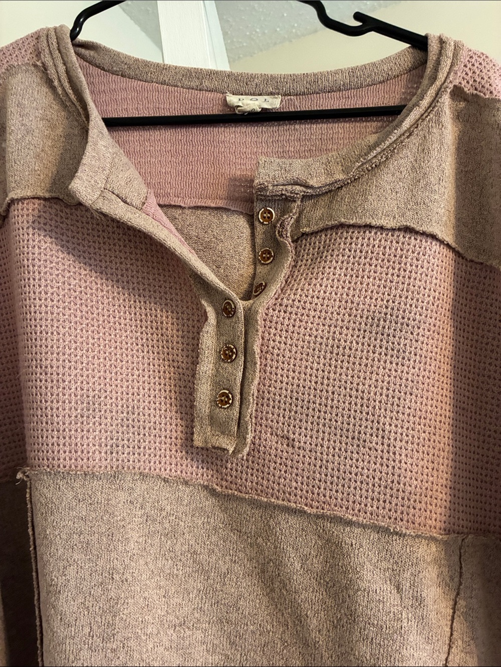 POL Pink and Taupe Patchwork Henley Sweatshirt - Picture 4 of 7